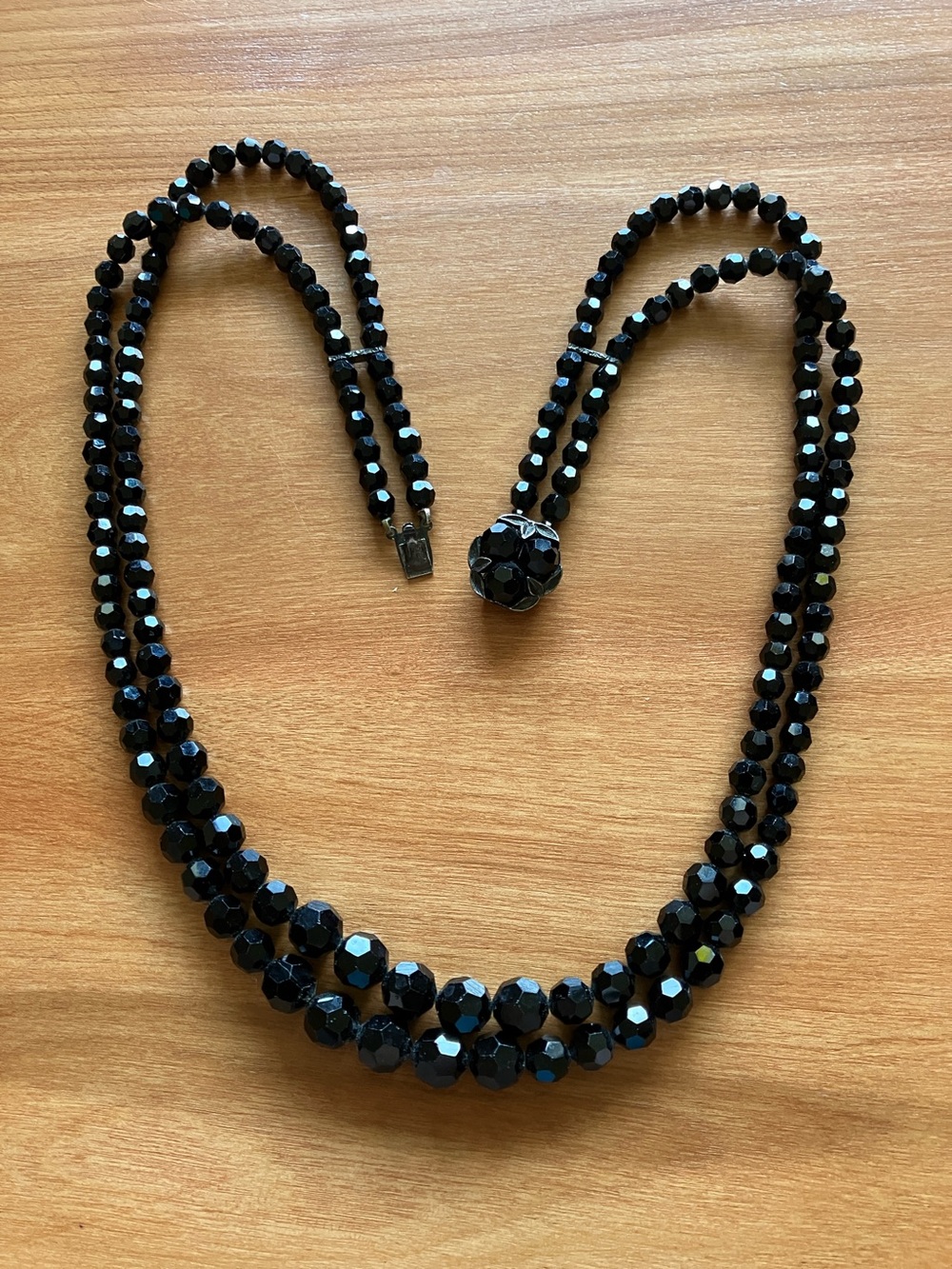 Vintage Sherman Black Faceted Swarovski Crystal Bead Double-Strand Necklace